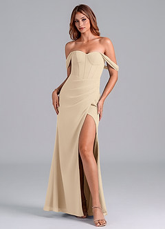 Azazie Asha Bridesmaid Dresses Champagne Sheath Off the Shoulder Chiffon Convertible Dress image1