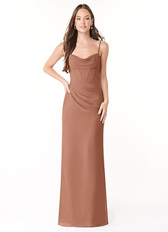 Azazie Mai Robes de demoiselle d'honneur Robe Fourreau en Mousseline de soie Plissée Bronze image1