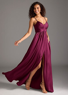 Azazie Alia Bridesmaid Dresses Red Plum A-Line Pleated Stretch Satin Dress image2