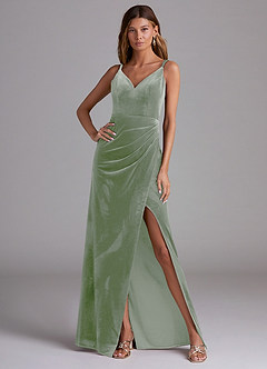 Azazie Leo Robes de demoiselle d'honneur Robe Fourreau en velours Plissée Vert Sauge image3
