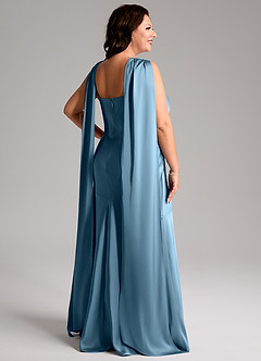 Azazie Kinsley Vestidos de madrinha de casamento Vestido Aço Azul de Cetim elástico de sereia com Fenda Lateral image9
