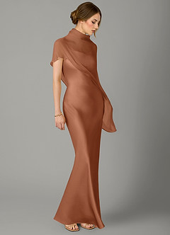 Azazie Jaleesa Bridesmaid Dresses Bronzer A-Line High Neck Stretch Satin Dress image3