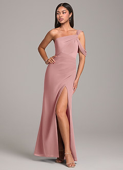 Azazie Wynter Bridesmaid Dresses Dusty Rose Sheath Off the Shoulder Chiffon Dress image4