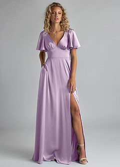 Azazie Kimber Bridesmaid Dresses Frosted Lilac A-Line Ruched Stretch Satin Dress image1