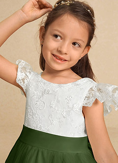 Azazie Vetty vestidos de niña de las flores Vestido de Marfil Oliva de Tul de Corte En A con Encaje image8