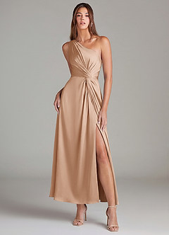 Azazie Brooke Robes de demoiselle d'honneur Robe Trapèze en Satin extensible Une épaule Rose Perle image1