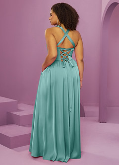 Barbie ♥ Azazie Bridesmaid Dresses Aqua A-Line with Pockets Stretch Satin Dress image14