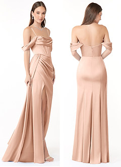 Azazie Amyra Bridesmaid Dresses Rose Gold Sheath Off the Shoulder Stretch Satin Convertible Dress image9