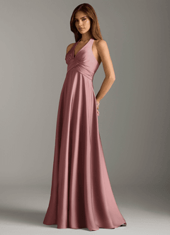 Azazie Tessie Vestidos de damas de honor Vestido de Rosa Polvorienta de Satén Elástico de Corte en A con Plisado image5