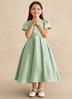 Azazie Princess Blumenmädchenkleider A-Linie Plissee Matte Satin Kleid Staubiger Salbeigrün image4