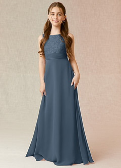 Azazie Snow Junior Vestido de Neptuno de Gasa de Corte en A con Encaje image1