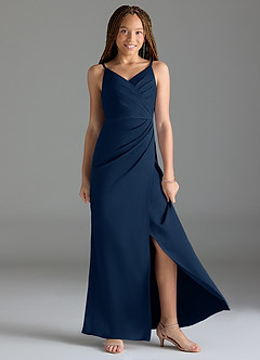 Azazie Maci Junior Dark Navy Mermaid Pleated Stretch Satin Dress image3