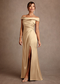 Azazie Bedford Mother of the Bride Dresses Champagne Sheath Pleated Stretch Satin Dress image2