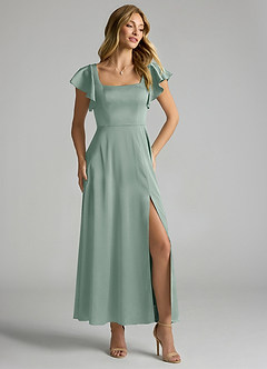 Azazie Bondi Bridesmaid Dresses Silver Sage A-Line Ruched Stretch Satin Dress image1