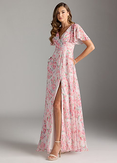Azazie Kimber Bridesmaid Dresses Abstract Watercolor Floral A-Line Flounce Sleeve Chiffon Dress image5