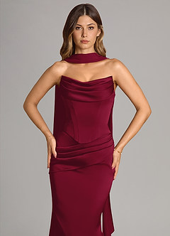 Azazie Sorrel Vestidos de damas de honor Vestido de Borgoña de Satén Elástico de Corte Sirena Convertible con Sin tirantes image5