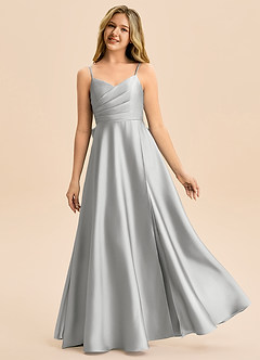 Azazie Rumi Junior Silver A-Line Pleated Stretch Satin Dress image1