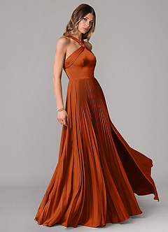 Azazie Afra Vestidos de damas de honor Vestido de Naranja Quemada de Satén Elástico de Corte en A con Plisado image3
