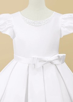 Azazie Jewel Flower Girl Dresses White Ball-Gown Pleated Matte Satin Dress image7