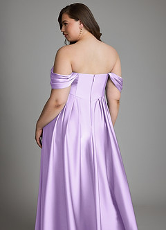 Azazie Loisa Vestidos de damas de honor Vestido Lila de Satén Elástico de Línea A con Hombros descubiertos image16