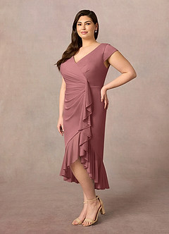 Azazie Renetta Final Sale Desert Rose Sheath V-Neck Pleated Mesh Dress image9