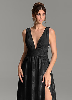 Azazie Vanessa Bridesmaid Dresses Black A-Line Pleated Floral Jacquard Burnout Dress image5