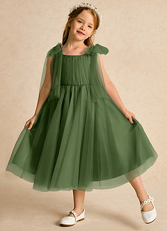 Azazie Dori Robe Demoiselle D'honneur Fillette Robe Trapèze en Tulle Rayé Olive image4