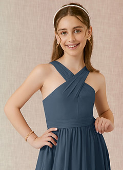 Azazie Jiya Junior Abito A-Line in Chiffon Plissettato Blu Nettuno image4