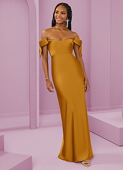 Barbie ♥ Azazie Bridesmaid Dresses Butterscotch Sheath Off the Shoulder Stretch Satin Convertible Dress image4