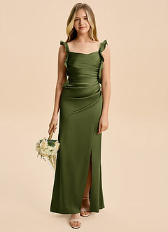 Azazie Jessamine Junior Olive A-Line Ruched Stretch Satin Dress image1