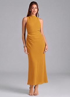 Azazie Evadne Bridesmaid Dresses Butterscotch Sheath Pleated Chiffon Dress image3