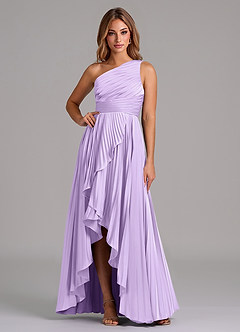 Azazie Lyrica 신부 들러리 드레스 A라인 한쪽 어깨 스트레치 새틴 비대칭 드레스 image1