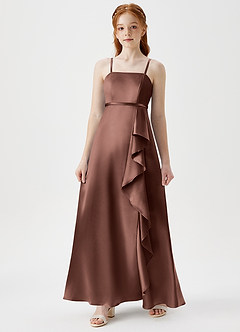 Azazie Kaylee Junior Espresso A-Line with Belt Metallic Satin Dress image3