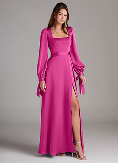 Azazie Leonia Abiti da Damigella Abito A-Line in Raso Elasticizzato Manica Lunga Fucsia image3