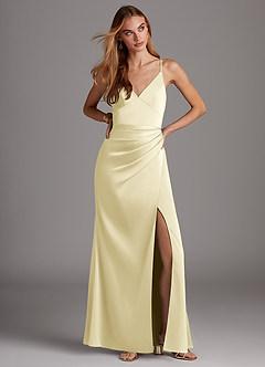 Azazie Shania Final Sale Lemon Sorbet Sheath V-Neck Pleated Stretch Satin Dress image3