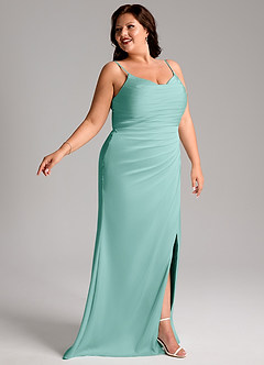 Azazie Deandra Bridesmaid Dresses Aqua Mermaid Pleated Stretch Satin Dress image11