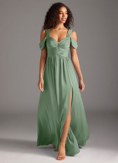 Azazie Lianne Robes de demoiselle d'honneur Robe Trapèze en Satin extensible Épaule décolletée Matcha image2