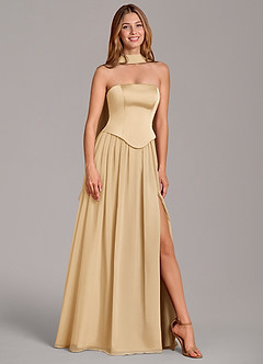 Azazie Cadence Bridesmaid Dresses Gold A-Line Corset Stretch Satin Convertible Dress image1