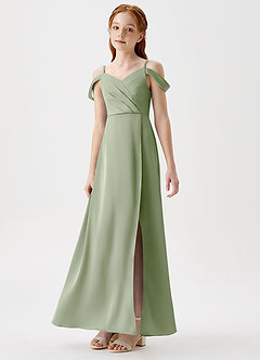 Azazie Ocean Junior Dusty Sage A-Line Off the Shoulder Stretch Satin Dress image5