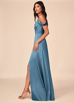 Azazie Ocean Robes de demoiselle d'honneur Robe Trapèze en Satin extensible Col V plissé Acier Bleuté image3