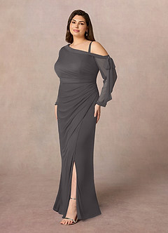 Azazie Marna Mother of the Bride Dresses Steel Grey Sheath One Shoulder Mesh Dress image7