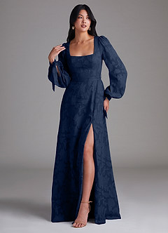 Azazie Leonia Bridesmaid Dresses Dark Navy A-Line Long Sleeve Floral Burnout Dress image4