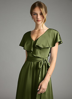 Azazie Lainey Bridesmaid Dresses Olive A-Line with Pockets Stretch Satin Dress image6