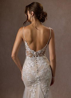 Azazie Leonie Wedding Dresses Diamond White Nude Mermaid V-Neck Sequins Tulle Dress image14