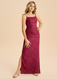 Azazie Mai Junior Burgundy Sheath Pleated Floral Burnout Dress image4