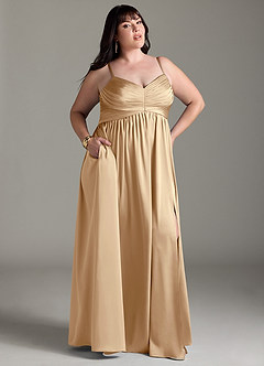 Azazie Alia Vestidos de damas de honor Vestido de Champán de Satén Elástico de Corte en A con Plisado image11