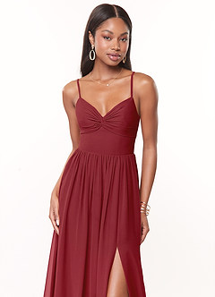 Azazie Zeya Bridesmaid Dresses Pomegranate A-Line V-Neck Pleated Chiffon Dress image5