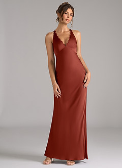 Azazie Tianna At-home Try On Dresses Terracotta A-Line Stretch Satin Dress image4
