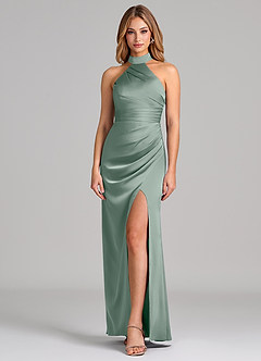 Azazie Karlotta Bridesmaid Dresses Silver Sage Sheath Pleated Stretch Satin Dress image1