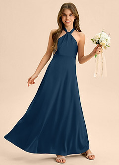 Azazie Beah Junior Robe Trapèze en Satin extensible Plissée Bleu Marine Foncé image5